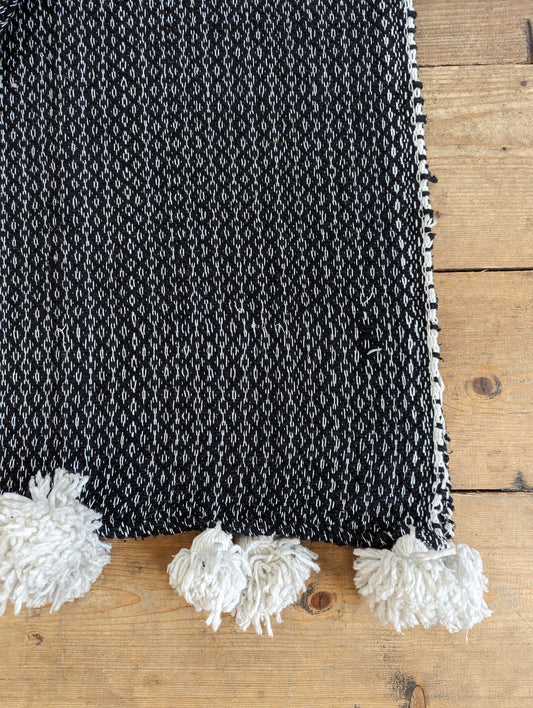 'Charcoal Diamonds’ (white pompom) Wool Pompom Blanket