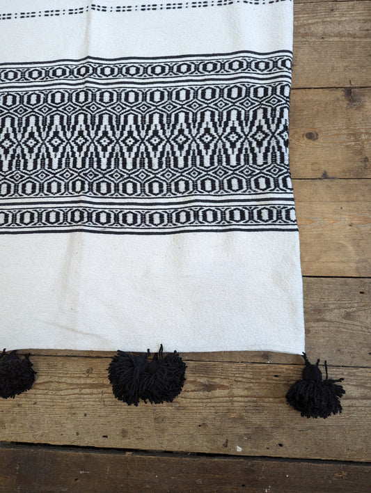 Black and White Jacquard Weave Pompom Blanket