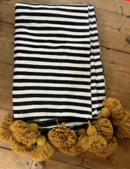 'Classic’ Pom Pom Blanket - Black Stripe (mustard pom)