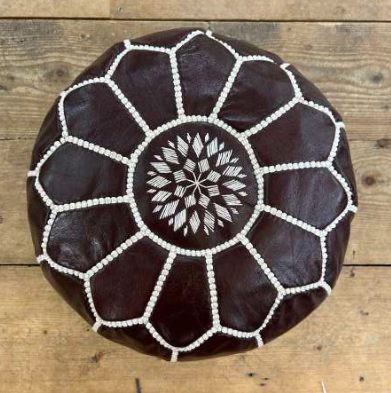 Mini Leather Pouffe - Dark Chocolate (white stitch)