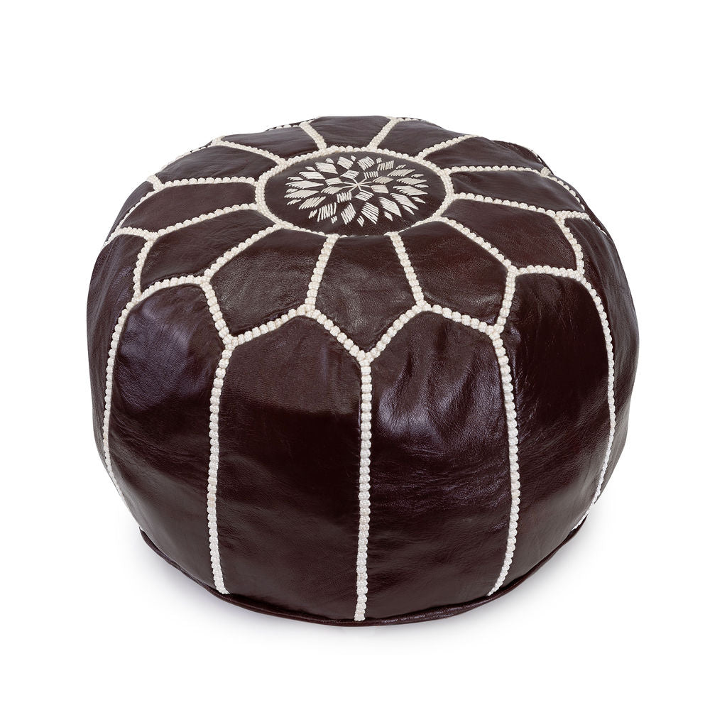 Mini Leather Pouffe - Dark Chocolate (white stitch)