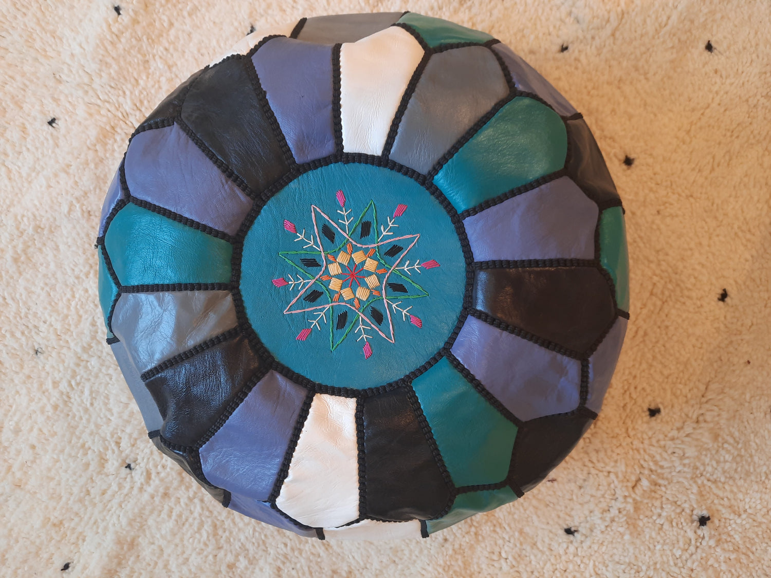 Multi - Turquoise / Black / White / Lavender Moroccan Leather Pouffe