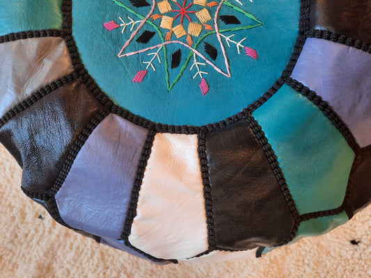 Multi - Turquoise / Black / White / Lavender Moroccan Leather Pouffe