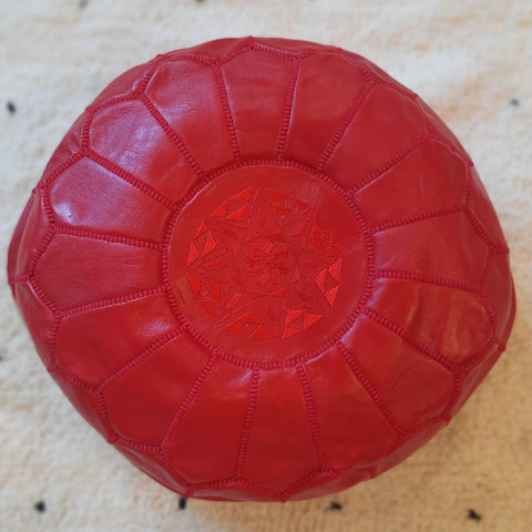 Red Moroccan Leather Pouffe