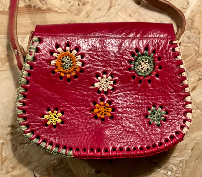 Leather and Hand Embroidered Raffia Saddle Bag