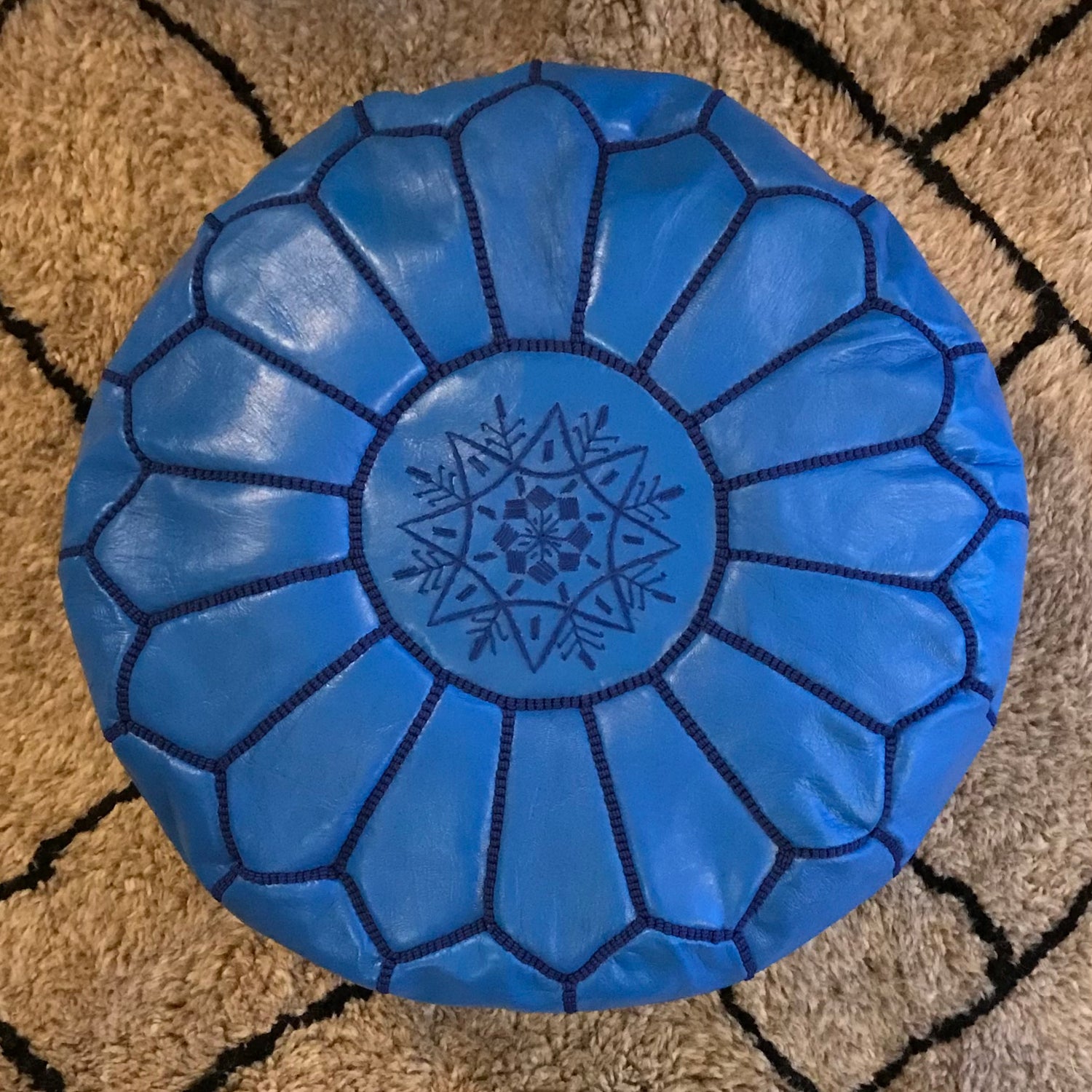 Majorelle Blue Moroccan Leather Pouffe